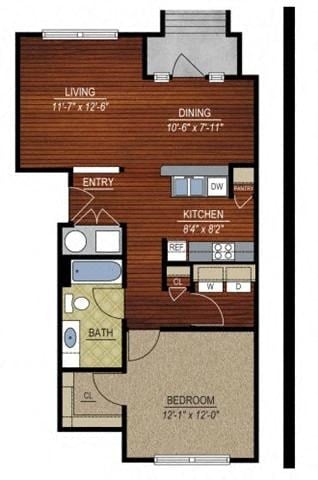 Floor plan for 1 bed, 1 bath, 775 sqft
