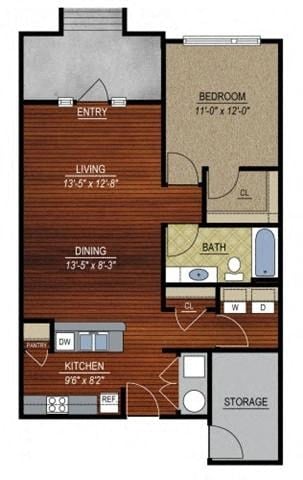 Floor plan for 1 bed, 1 bath, 775 sqft