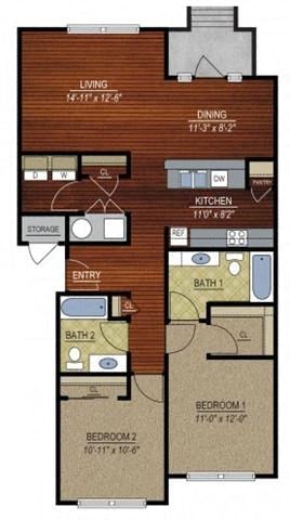 Floor plan for 2 beds, 2 baths, 1097 sqft