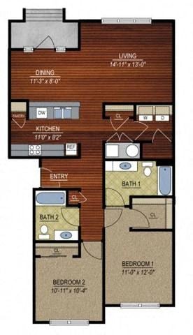 Floor plan for 2 beds, 2 baths, 1097 sqft