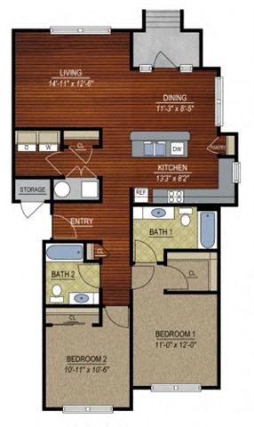 Floor plan for 2 beds, 2 baths, 1097 sqft