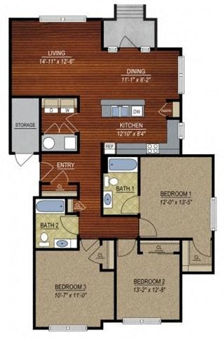 Floor plan for 3 beds, 2 baths, 1356 sqft