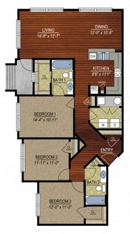 Floor plan for 3 beds, 2 baths, 1356 sqft