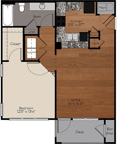 Floor plan for 1 bed, 1 bath, 726 sqft