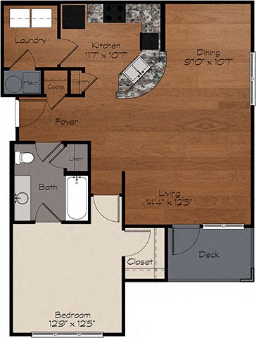 Floor plan for 1 bed, 1 bath, 869 sqft