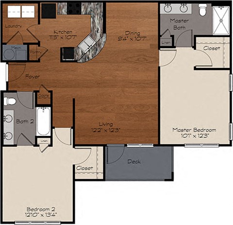 Floor plan for 2 beds, 2 baths, 1203 sqft