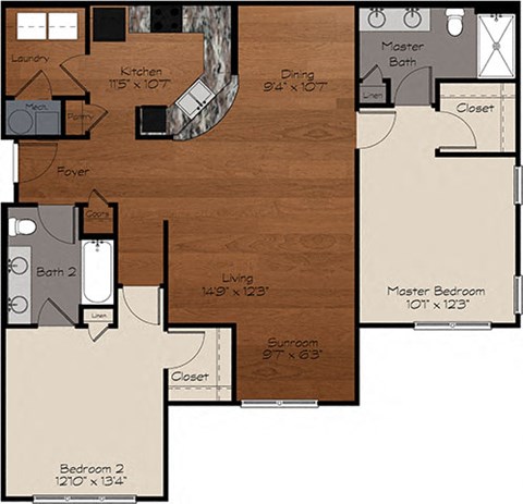 Floor plan for 2 beds, 2 baths, 1260 sqft