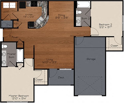 Floor plan for 2 beds, 2 baths, 1208 sqft