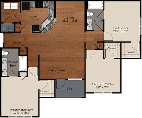 Floor plan for 3 beds, 2 baths, 1405 sqft