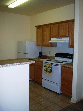 Indianapolis apartment for rent - Kitchen, solid surface countertops, white appliances, tile flooring