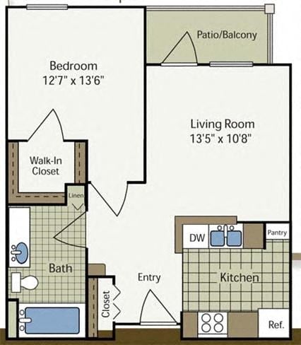 Floor plan for 1 bed, 1 bath, 675 sqft