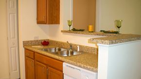 Decatur apartment for rent - Kitchen, solid surface countertops, wooden cabinets, white appliances