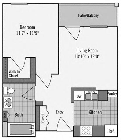 Floor plan for 1 bed, 1 bath, 611 sqft