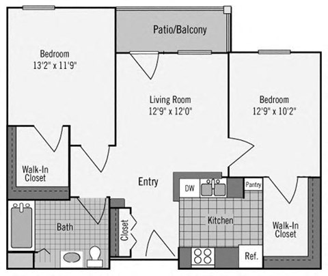 Floor plan for 2 beds, 1 bath, 847 sqft