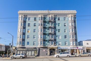 San Francisco apartment for rent - A large building with a blue and grey facade is the focal point of the image.