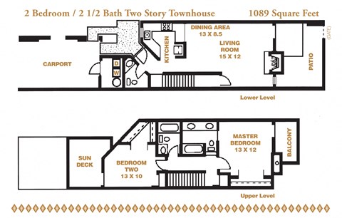 Floor plan for 2 beds, 2.5 baths, 1089 sqft