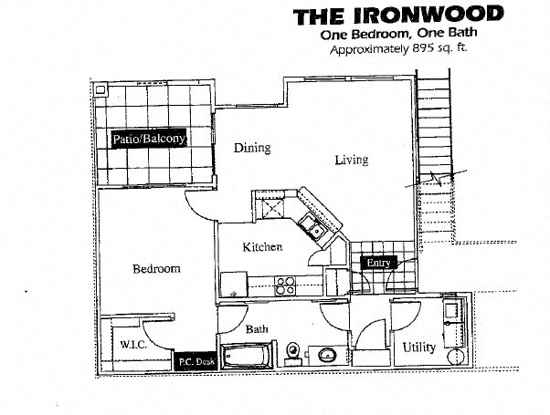 Floor plan for 1 bed, 1 bath, 895 sqft