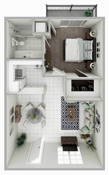 Floor plan for 1 bed, 1 bath, 581 sqft