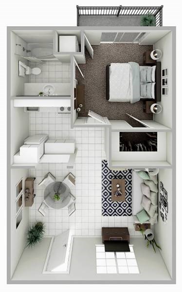 Floor plan for 1 bed, 1 bath, 581 sqft