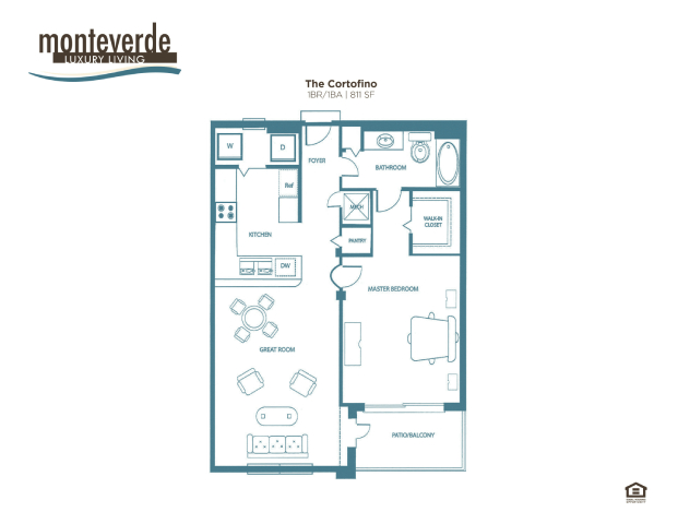 Floor plan for 1 bed, 1 bath, 811 sqft