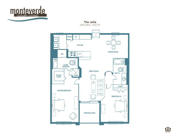 Floor plan for 2 beds, 2 baths, 1122 sqft