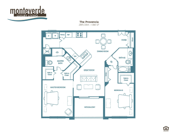 Floor plan for 2 beds, 2 baths, 1188 sqft