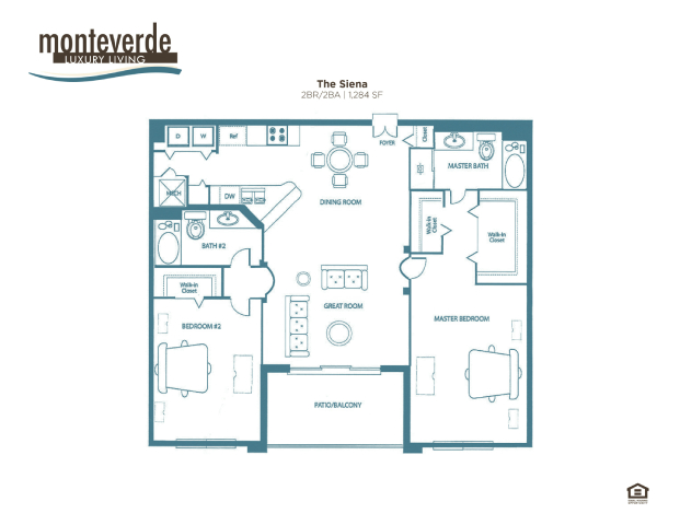 Floor plan for 2 beds, 2 baths, 1284 sqft