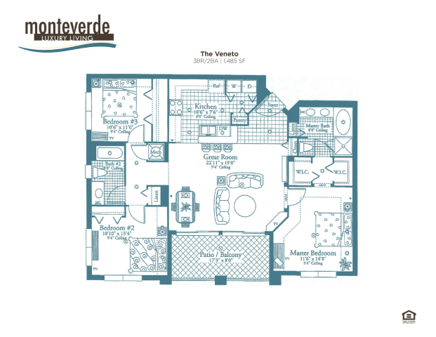 Floor plan for 3 beds, 2 baths, 1485 sqft