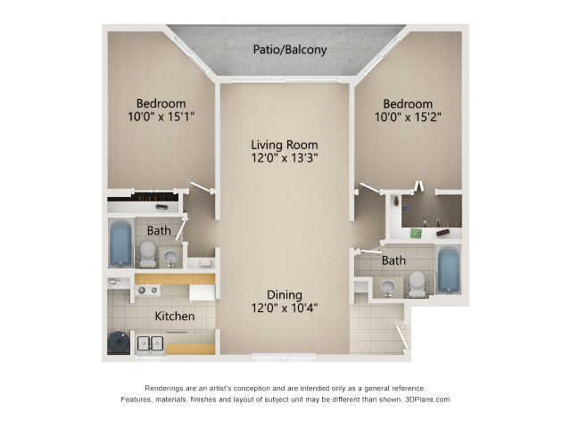 Floor plan for 2 beds, 2 baths, 1070 sqft