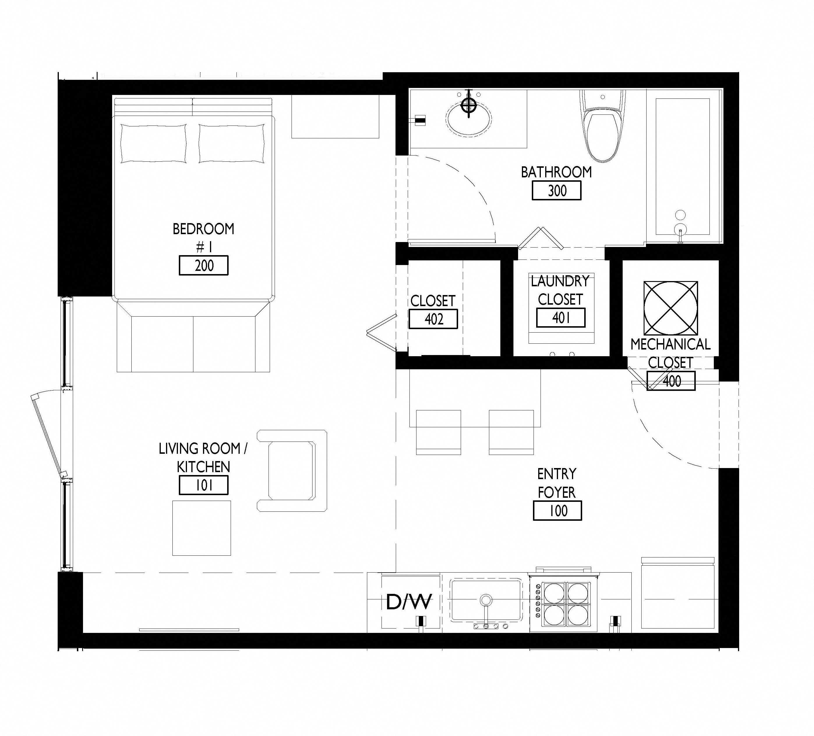 Floor plan for studio, 1 bath, 445 sqft