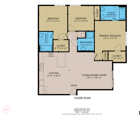 Floor plan for 3 beds, 3 baths, 1422 sqft