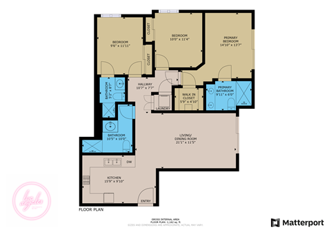 Floor plan for 3 beds, 3 baths, 1162 sqft