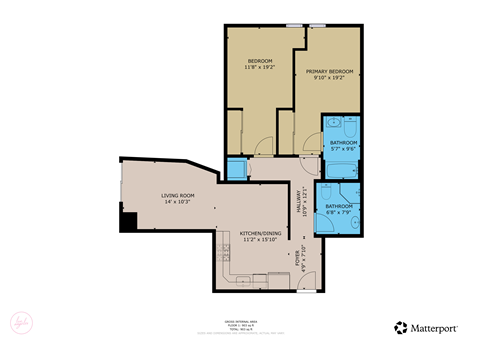 Floor plan for 2 beds, 2 baths, 800 sqft