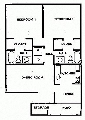 Floor plan for 2 beds, 2 baths, 915 sqft