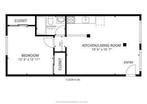 Sacramento apartment for rent - A floor plan of a small apartment with a bedroom, bathroom, kitchen/living room, and closet.