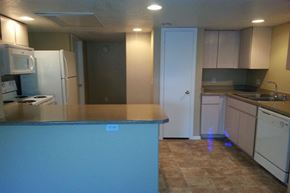 Phoenix apartment for rent - a kitchen with a counter and a refrigerator and a sink