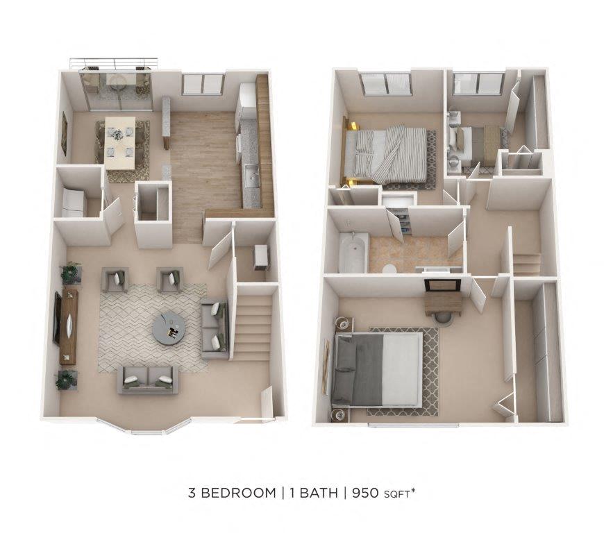 Floor plan for 3 beds, 1.5 baths, 950 sqft