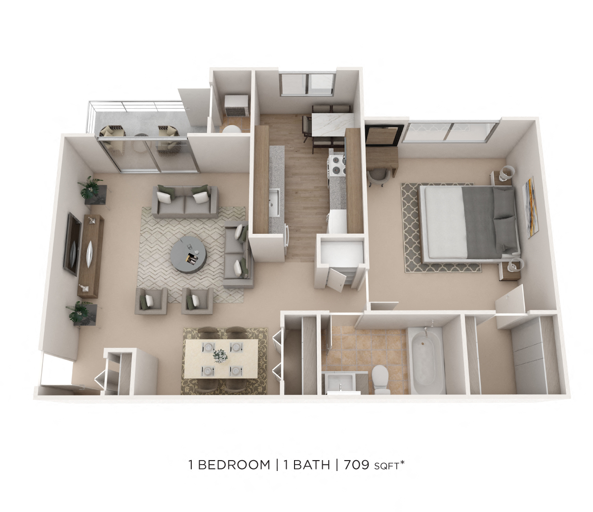 Floor plan for 1 bed, 1 bath, 709 sqft