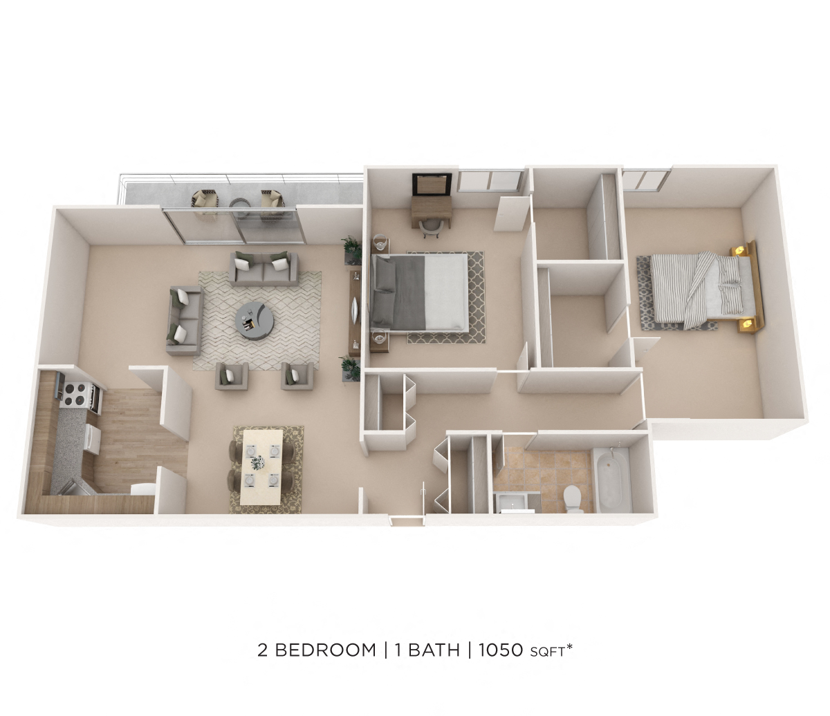 Floor plan for 2 beds, 1 bath, 1050 sqft