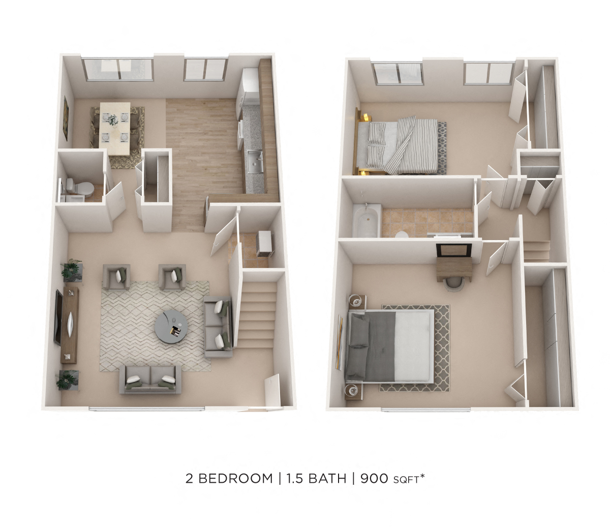Floor plan for 2 beds, 1.5 baths, 900 sqft
