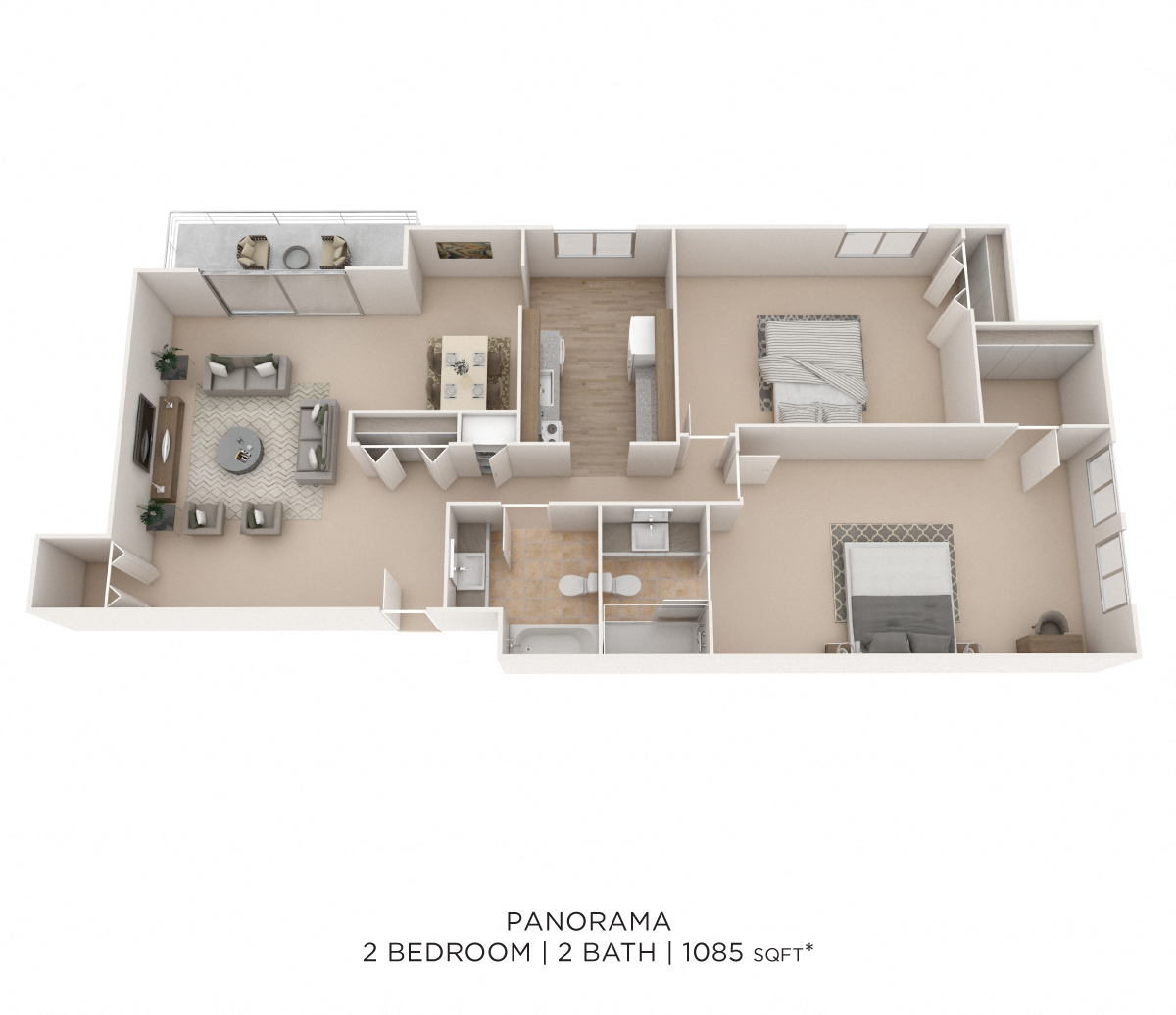 Floor plan for 2 beds, 2 baths, 1085 sqft