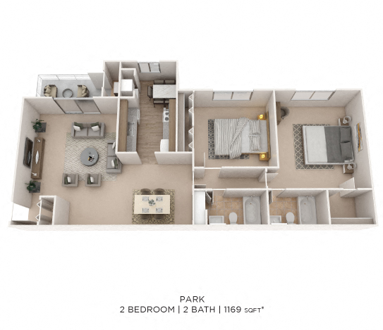 Floor plan for 2 beds, 2 baths, 1169 sqft