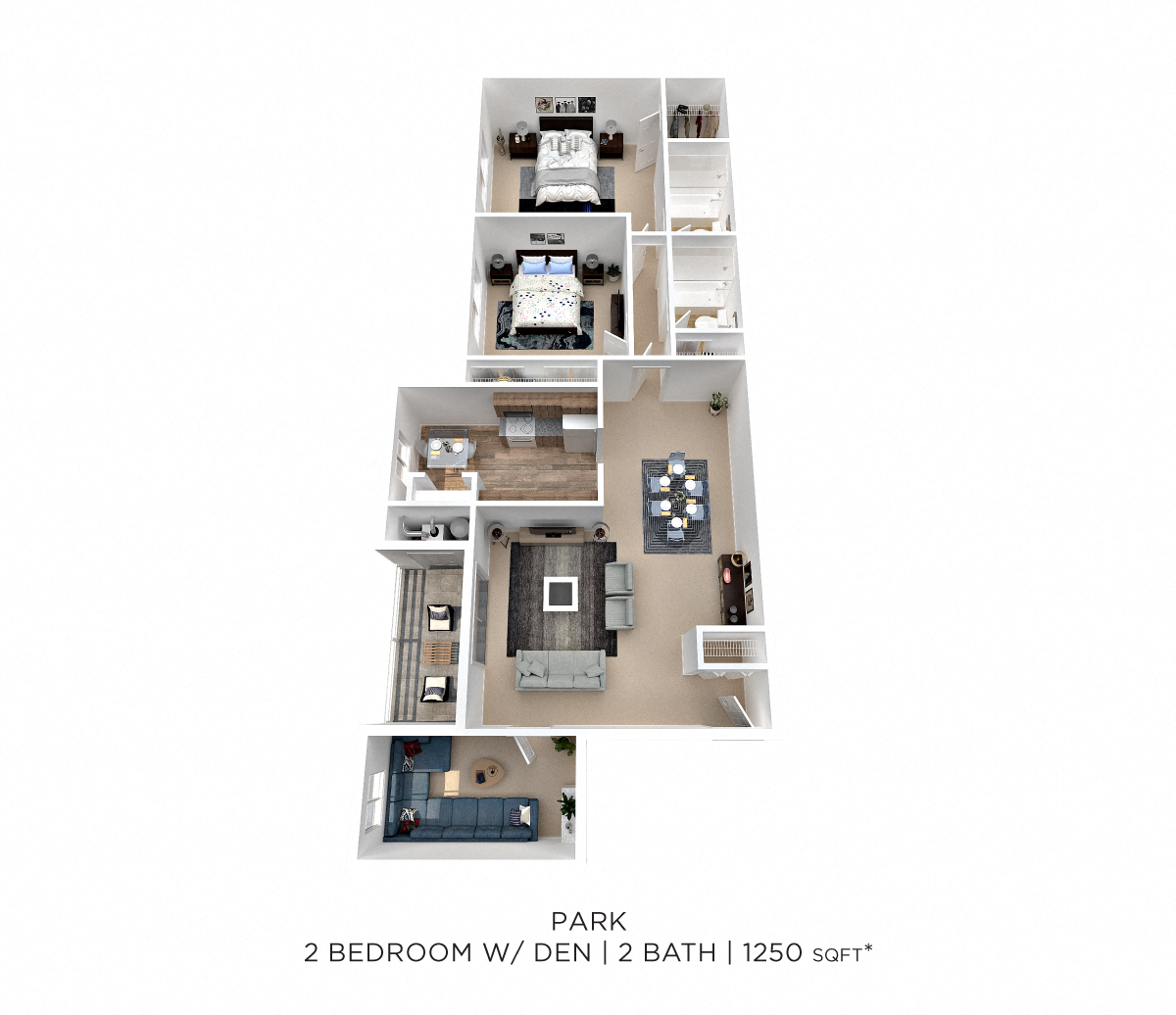 Floor plan for 2 beds, 2 baths, 1250 sqft