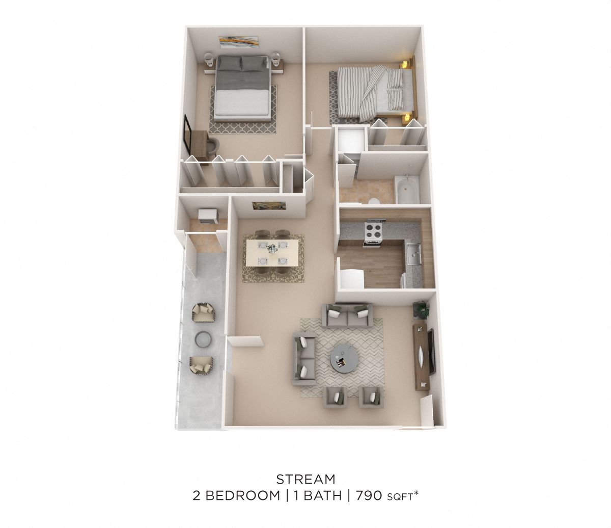 Floor plan for 2 beds, 1 bath, 790 sqft
