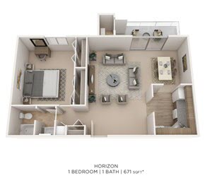 Floor plan for 1 bed, 1 bath, 671 sqft