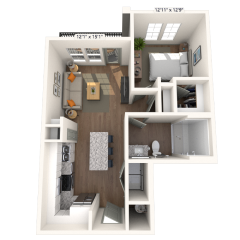 Floor plan for 1 bed, 1 bath, 728 sqft