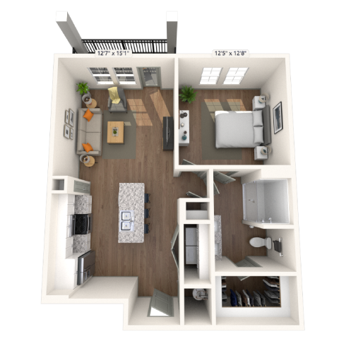 Floor plan for 1 bed, 1 bath, 730 sqft