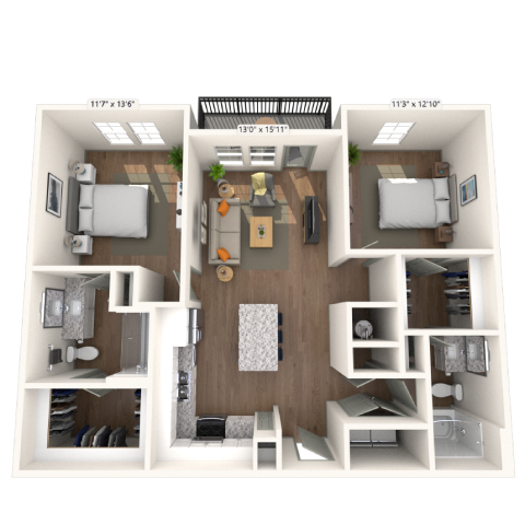 Floor plan for 2 beds, 2 baths, 1070 sqft
