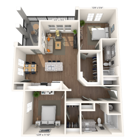 Floor plan for 2 beds, 2 baths, 1182 sqft