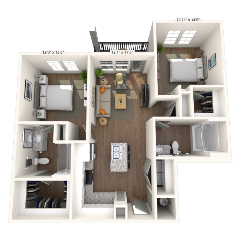 Floor plan for 2 beds, 2 baths, 1074 sqft